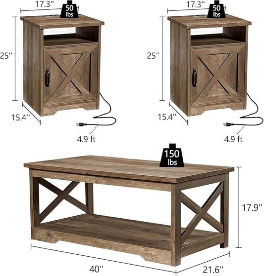 LUXOAK 3-Piece Farmhouse Living Room Table Sets, Includes 1 x Coffee Table, 2 x End Tables with Charging Station & USB Ports, Rustic Coffee Table Set of 3, Barnwood