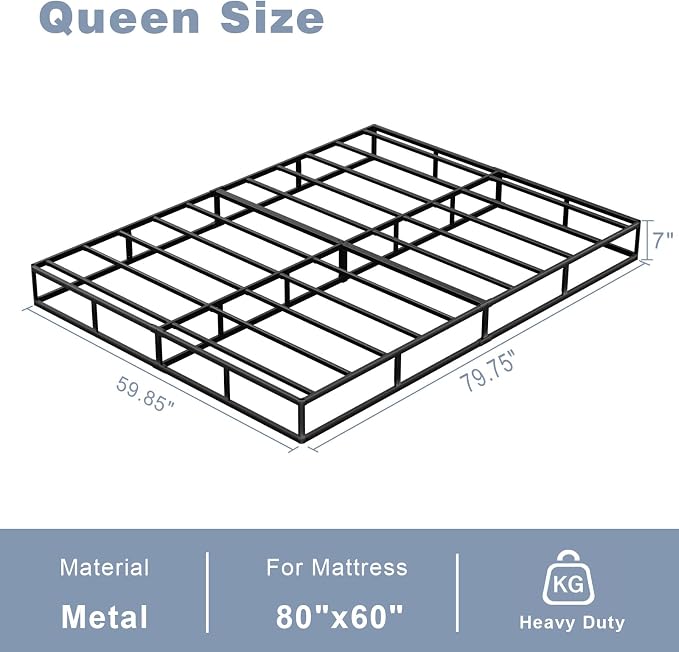 Tyndall 7 Inch Queen Box Spring, Heavy Duty Metal Box Spring for Queen Size Bed Mattress Foundation with Fabric Cover, Noise-Free, Non Slip, Easy Assembly