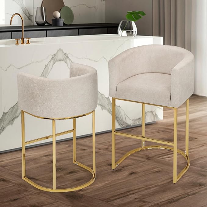 Athena Collection Counter Height Bar Stools Set of 2, 24 Inches Upholstered Barstool Set of 2 with Back and Metal Base, Modern Bar Stool Chairs for Kitchen Island, Dining Room, White