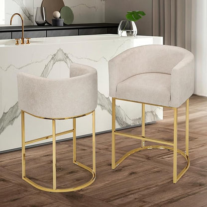 Athena Collection Counter Height Bar Stools Set of 2, 24 Inches Upholstered Barstool Set of 2 with Back and Metal Base, Modern Bar Stool Chairs for Kitchen Island, Dining Room, White