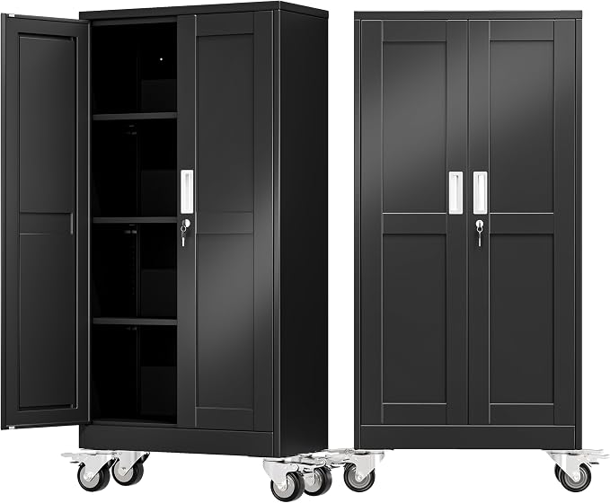 61" Metal Garage Storage Cabinet with Wheels and Locking Doors and Tall Rolling Steel Tool Cabinet with 3 Adjustable Shelves for Garage,Home,Office,Shop (Black, 61''H x 28''W x14''D)