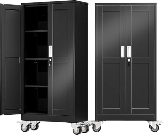 61" Metal Garage Storage Cabinet with Wheels and Locking Doors and Tall Rolling Steel Tool Cabinet with 3 Adjustable Shelves for Garage,Home,Office,Shop (Black, 61''H x 28''W x14''D)