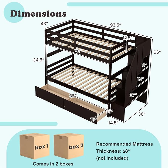 Giantex Bunk Bed Twin Over Twin with Storage Stairs & Drawers, Solid Wood Bunk Bed with Full-Length Guardrails, Convertible to 2 Beds, Versatile Bunk Beds for Kids Teens Adults, Espresso