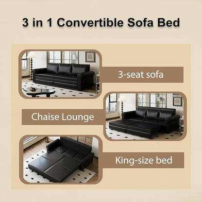 93.7" King Size Sleeper Sofa Bed, Pull Out Sofa Bed, Faux Leather Upholstery, 3 in 1 Convertible Sleeper Couch, Chaise Lounge, Retro Recliner for Living Room, Apartment, Office, Black