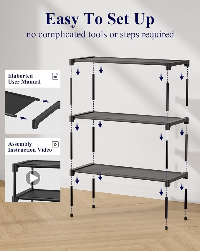Kitsure Shoe Rack - Non-Woven Shoe Rack Shelf, Shoe Organizer for Closet, Entryway, Garage & Corridor, Stackable Shoe Shelves, 27.5" Wide - 3 Tier, Black