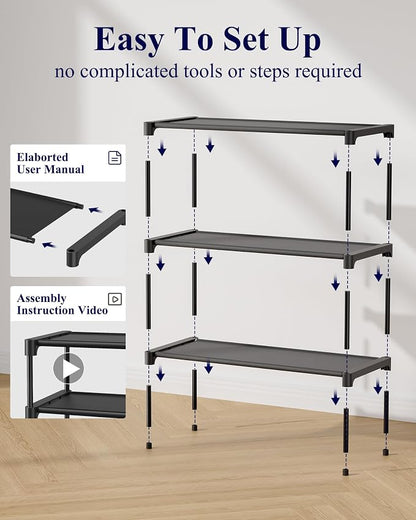 Kitsure Shoe Rack - Non-Woven Shoe Rack Shelf, Shoe Organizer for Closet, Entryway, Garage & Corridor, Stackable Shoe Shelves, 27.5" Wide - 3 Tier, Black