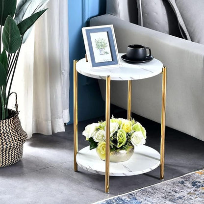 Set of 2 Small Round Side Tables, 2-Tier Faux Marble Gold End Tables | Modern Accent Furniture for Couch, Living Room or Bedroom, Space-Saving Nightstand Design