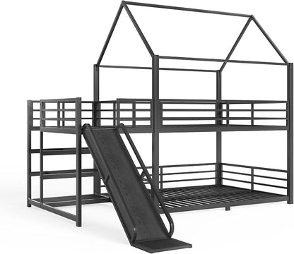 Harper & Bright Designs Floor Bunk Bed Full Over Full with Storage Stairs and Slide, Metal House Bunk Bed with Full Length Guardrails, No Box Spring Required, Noise Free, Space Saving, Black