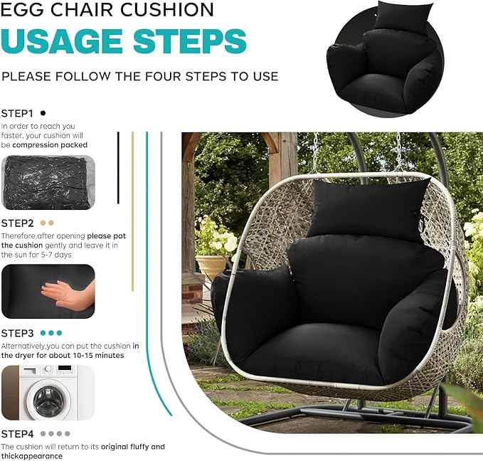 Egg Chair Cushion Replacement, Waterproof Thicken Hanging Egg Swing Chair Cushion for Outdoor Furniture, Wicker Rattan Hammock Basket Cushion with Headrest Pillow 47x31.5x4.7 inch(Black)