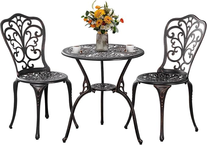 3 Piece Patio Set Outdoor Bistro Set,Cast Aluminum Bistro Table and Chairs Set of 2 with Umbrella Hole,All Weather Patio Bistro Sets for Front Porch Set Garden,Backyard(Brown)