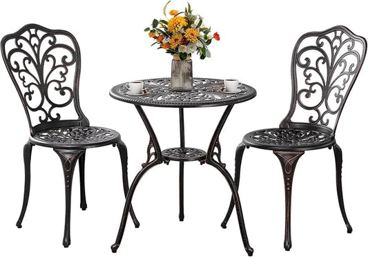3 Piece Patio Set Outdoor Bistro Set,Cast Aluminum Bistro Table and Chairs Set of 2 with Umbrella Hole,All Weather Patio Bistro Sets for Front Porch Set Garden,Backyard(Brown)
