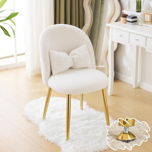 VINGLI Boucle Girls Vanity Chair with Back & Pillow,Cute Small Cozy Desk Chair No Wheels,Comfy Makeup Ch with Ajustable Gold Legs,for Bedroom,Living Room,Small Space,White