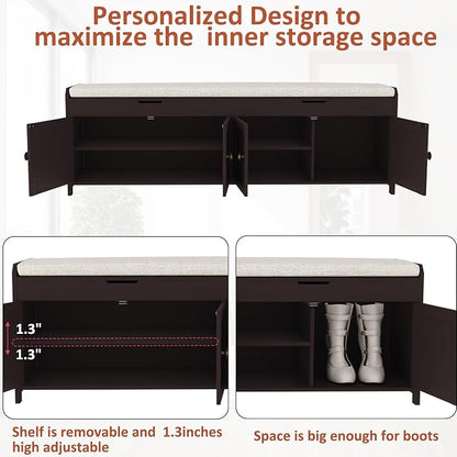 HOMEFORT 54.4" Shoe Bench with Lift Top Storage, Entryway Bench with Cushioned Seat, Wooden End of Bed Bench, Shoe Cabinet Bench with Hidden Storage Space, for Bedroom, Hallway,Espresso