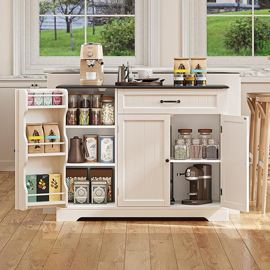 Gizoon Kitchen Coffee Bar Cabinet with Storage Kitchen Sideboard Buffet Cabinet with Drawers, Short Pantry with Door and Shelves for Bathroom and Living Room, White and Black, Painted