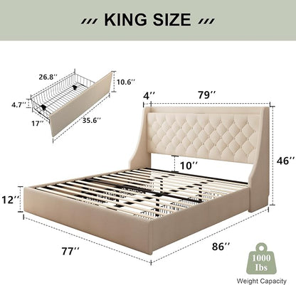 Feonase King Size Bed Frame with 4 Storage Drawers, Upholstered Storage Bed with Charging Station, Tufted Wingback Headboard, No Box Spring Needed, Beige