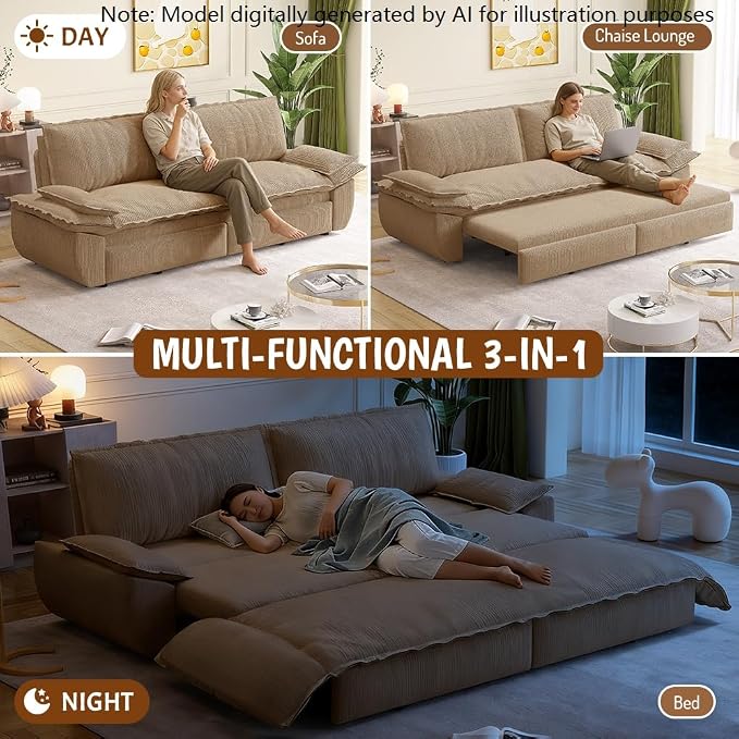 73.2" Sleeper Sofa Bed Queen, 3-in-1 Convertible Couch, Modern Pull Out Couches, Comfy Corduroy Futon Sofa, Cloud Loveseat Lounge, Pillow Arm for Small Spaces, Apartment, Living Room, Camel