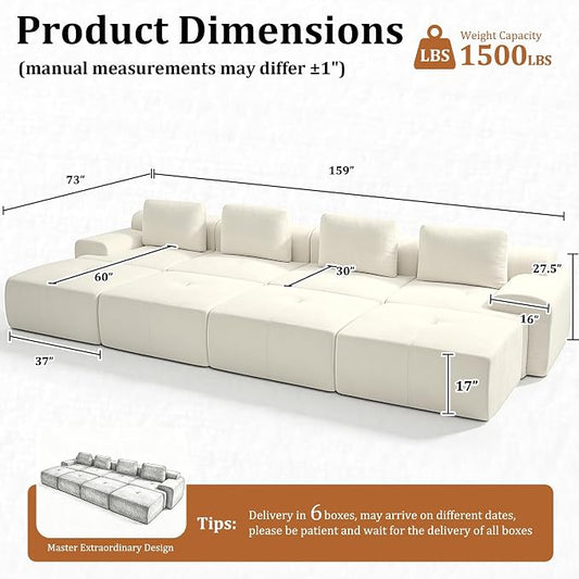 159" Oversized Boneless Couch, Comfort Cloud Sectional Couches for Living Room, Modular Sofa High Back & Extra Deep Seat, No Assembly, Soft Chenille Fabric (Warm White, 159 inch-（4+4）)