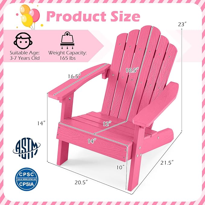 Costzon Kids Adirondack Chair, All-Weather HIPS Toddler Outdoor Chair, Wooden Textured Plastic Fire Pit Chair, Kids Patio Chair for Backyard Lawn Garden, Fits Children Age 3-7 Years (1, Pink)