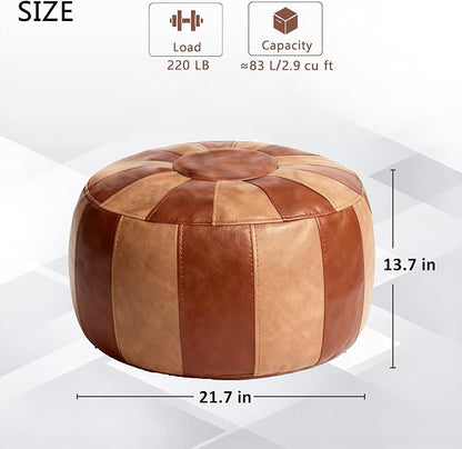 Thgonwid Unstuffed Moroccan Storage Pouf Foot Stool Ottoman Seat Handmade Faux Leather Bean Bag Floor Chair Foot Rest for Living Room, Bedroom or Balcony (Brown & Khaki)