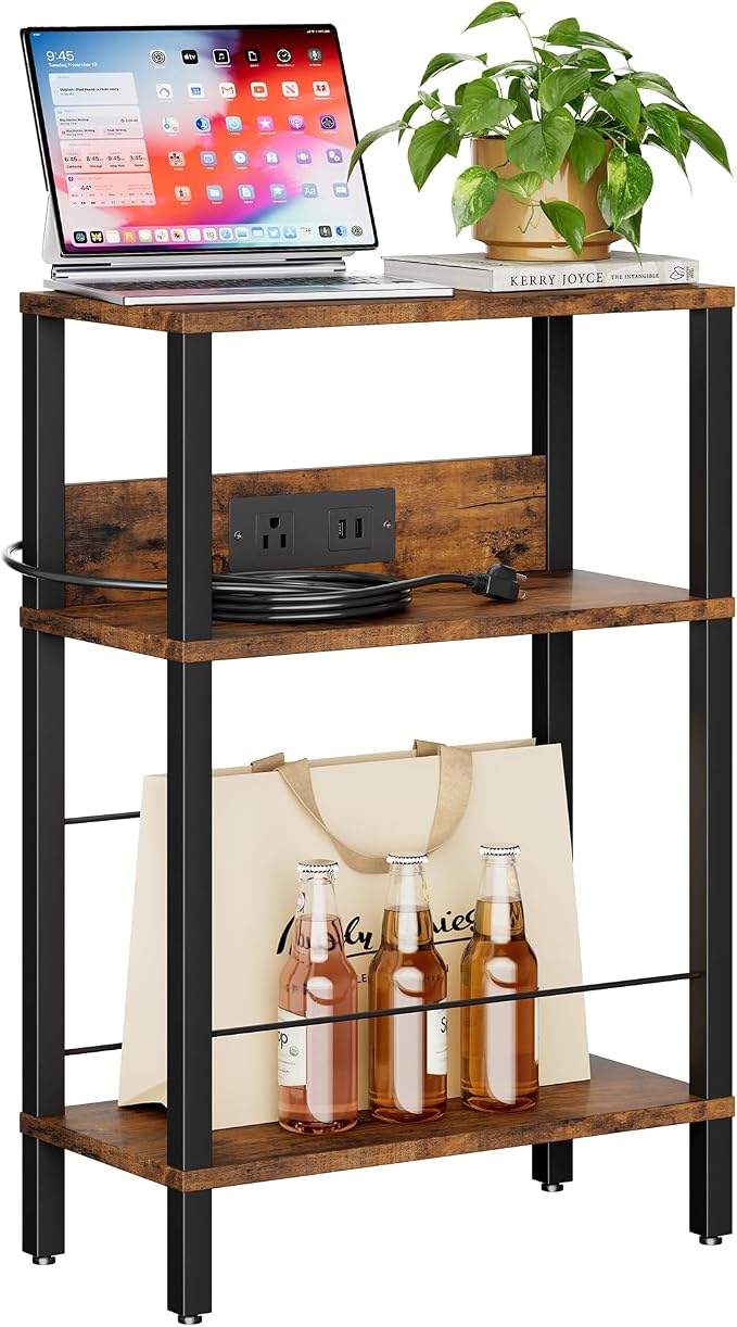 DGSANDGO Narrow Side Table (Rustic Brown) - Nightstand with Charging Station (2 USB + 1 AC Outlet), 3-Tier End Table for Balcony/Kid's Room/Bedroom