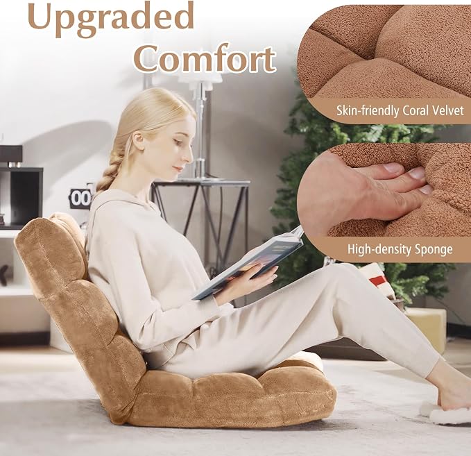 14-Position Floor Sofa, Folding Gaming Sofa Chair, Comfy Cushions & Study Steel Frame, Angle Adjustable Sleeper Bed, Couch Recliner (Tan)