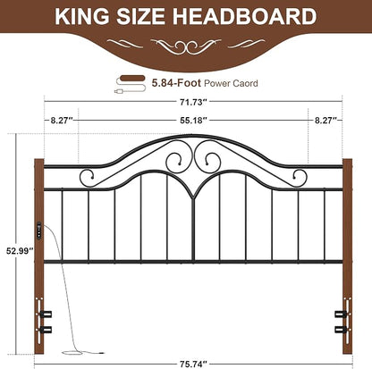 Headboard for King Size Bed Frame with Charging Station USB & Type C Ports | Vintage Platform Bed Headboard Only,Adjustable,Iron Legs,Easy Assembly,Black