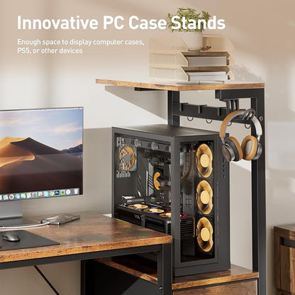 HLDIRECT 60 inch Gaming Desk with 3 Fabric Drawers & Side Hooks-Reversible Home Office Computer Desk with Power Outlets & Led Lights, Gamer Desk Table with Monitor Stand, Rustic Brown