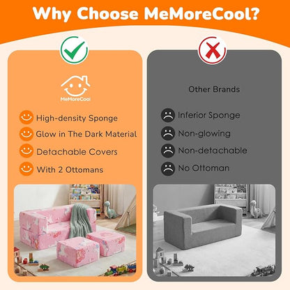 MeMoreCool Modular Kids Couch, Glow Play Toddler Couch for Bedroom Playroom, Convertible Foam Kids Sofa Bed, Fold Out Baby Sofa for Girl Boy, Pink Fairy