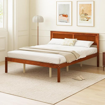 Giantex Queen Wood Platform Bed Frame with Headboard, Mid Century Queen Bed Frame with Wood Slat Support, Solid Wood Foundation with 16" Under Bed Storage, No Box Spring Needed, Easy Assembly