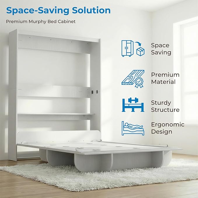 Mjkone Queen Size Wall Murphy Bed with Storage Shelf, Queen Wall Beds Cabinet Murphy Beds with Bookshelf, Top Cabinet Bedframe, Space-Saving Cabinets Beds for Bedroom/Guest Room/Studio/Office - White