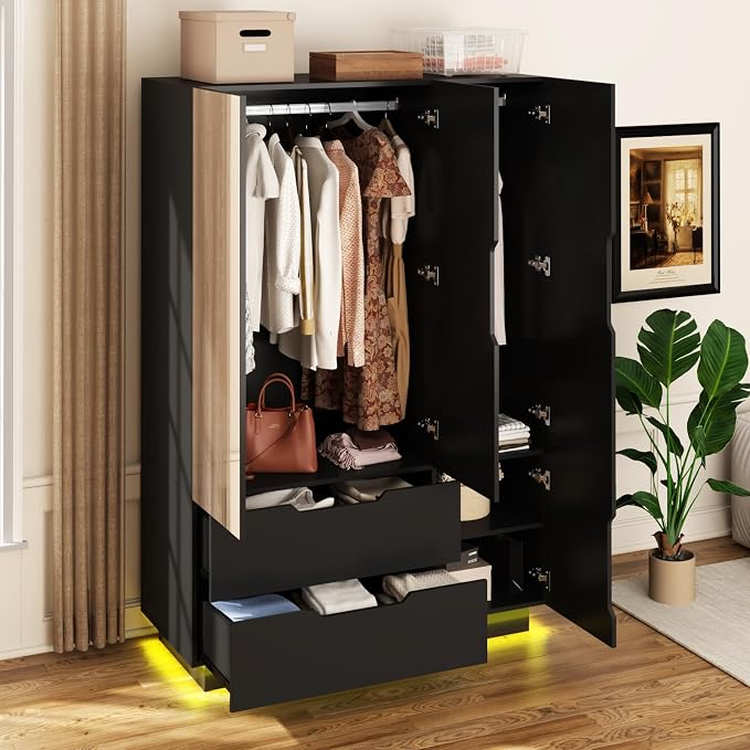 Hlivelood 3 Doors Armoire Wardrobe Closet with Mirror,2 Large Drawers, LED Light Wood Wardrobe Closet, Armoire with Hanging Rod for Bedroom, Black