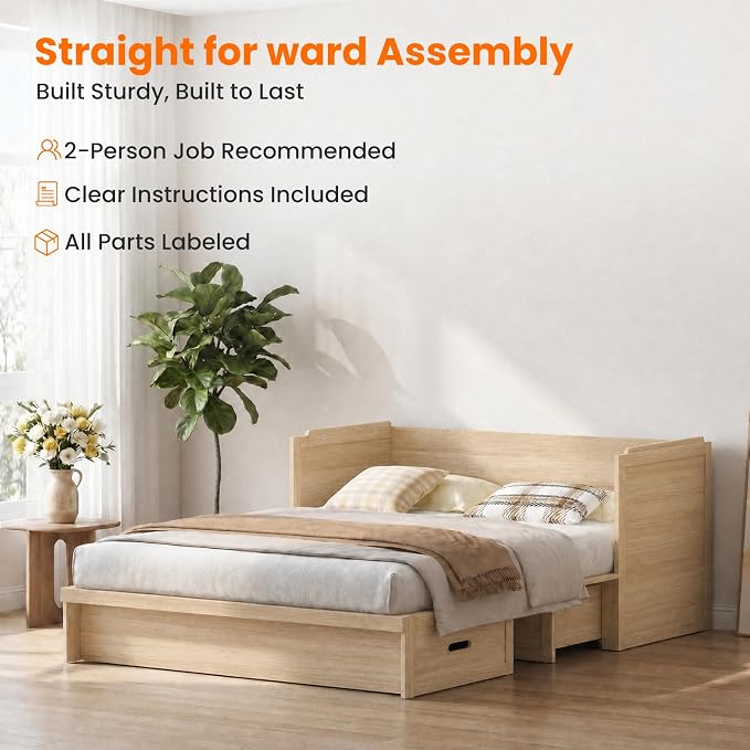 CECER Murphy Bed Queen with Mattress for Guest/Small Space-Natural Wood | Built-in Multi-Port Charging Station ＆ Large Storage Drawer，Space Saving ＆ Easy Assemble and Conversion