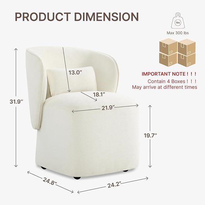 KISLOT Upholstered Dining Chairs with Wheels, Easy Assembly Stain Resistant Fabric Modern Barrel Armchair with Lumbar Cushion, Dining Room Chairs for Kitchen Living Room Bedroom, Beige, Set of 4