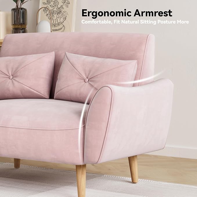 Brelice Loveseat Sofa, 47" Velvet Couch for Bedroom, Convertible Wooden Tray & Ergonomic Armrest, for Small Space, Apartment, Living Room, Home Office, Easy Assembly, Pink