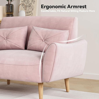 Brelice Loveseat Sofa, 47" Velvet Couch for Bedroom, Convertible Wooden Tray & Ergonomic Armrest, for Small Space, Apartment, Living Room, Home Office, Easy Assembly, Pink