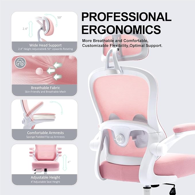 Ergonomic Office Chair,Ultra Thick Spring Cushion Desk Chair,Pink | Adjustable Lumbar Support and Headrest,Flip-up Arms,Rocking Function,Mesh Home Office Computer Chair