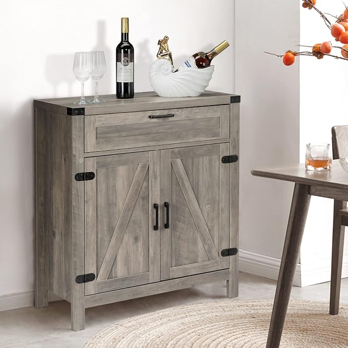 VINGLI Modern Farmhouse Sideboard Buffet Cabinet with Drawer, Storage Cabinet with Doors and Adjustable Shelves, Coffee Bar Station for Kitchen, Dining Room and Living Room, Ash Grey