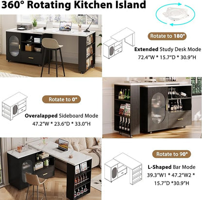 HSH Kitchen Island with Storage, Mobile Kitchen Island Cart with Cabinet, Drawer & Shelves, Farmhouse Island Table on Wheels with White Faux Marble Top and Black Oak Base for Dining Room & Home Bar