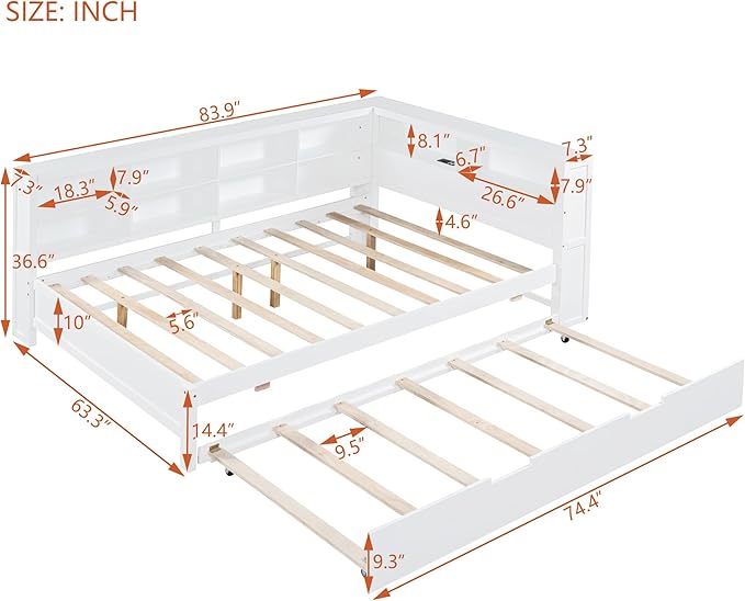 Bellemave Full Corner Bed Frame with Trundle, Wood Full Size Daybed with L-Shaped Bookcase，Daybed with Storage Cabinets, White
