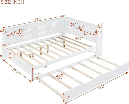 Bellemave Full Corner Bed Frame with Trundle, Wood Full Size Daybed with L-Shaped Bookcase，Daybed with Storage Cabinets, White