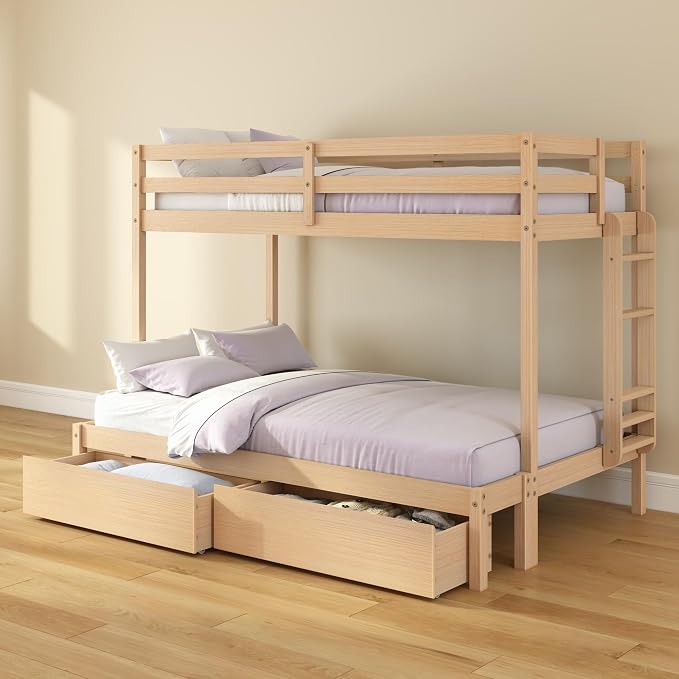 Grain & Grove Bear Twin Over Full Bunk Bed with Storage Drawers, Sturdy Bunk Bed Frame for Kids, Plywood Bunk with Ladder, Guardrail, and Slats, No Box Spring Required, Oak Embossed Natural