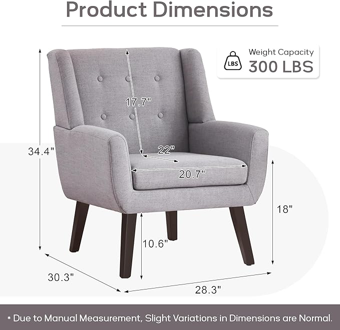 HUIMO Accent Chair Living Room Chair, Upholstered Button Tufted Armchair, Linen Fabric Sofa Chairs for Bedroom, Living Room, Mid Century Modern Comfy Reading Chair (Light Grey)