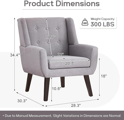 HUIMO Accent Chair Living Room Chair, Upholstered Button Tufted Armchair, Linen Fabric Sofa Chairs for Bedroom, Living Room, Mid Century Modern Comfy Reading Chair (Light Grey)