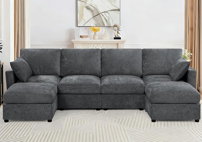 110” Chenille 4-Seats Sofa W/Two Movable Ottomans, Grey | Modern Fabric U-Shaped Couch w/Soft Backrests, Upholstered Sectional Sofa w/Arm Pillows for Living Room, Office