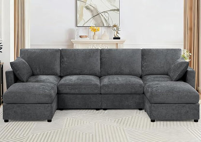 110” Chenille 4-Seats Sofa W/Two Movable Ottomans, Grey | Modern Fabric U-Shaped Couch w/Soft Backrests, Upholstered Sectional Sofa w/Arm Pillows for Living Room, Office
