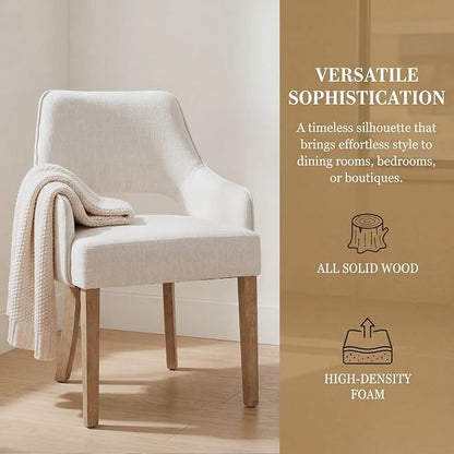 Linen Upholstered Dining Chairs Set of 6 with Arms | Cream Linen Fabric, Breathable Upholstery, Curved Backrest, Cushioned Seat, Solid Wood Legs, Farmhouse Style For Dining Room
