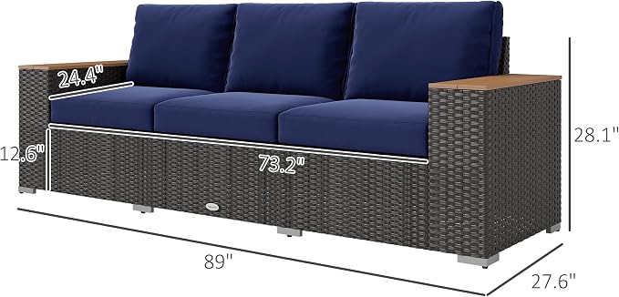 Outsunny 3-Seat Outdoor Patio Sofa with 24.5" Extra Wide Deep Seats, PE Wicker Sofa with Wide Wood Effect Armrests and 4" Cushions, Rattan Outdoor Couch for Porch, Garden, Poolside, Navy Blue