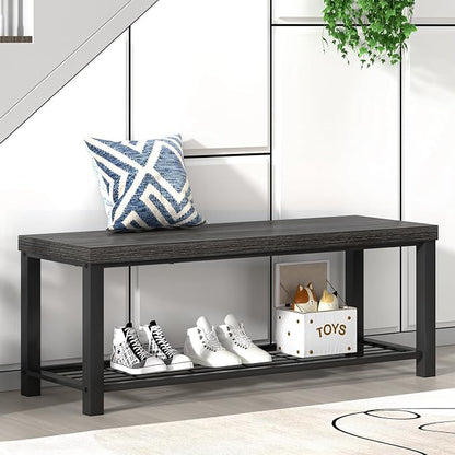 FOLUBAN Industrial Shoe Storage Bench for Entryway Hallway, Rustic Indoor Shoe Rack Bench Seat for Living Room Bedroom, 43.3 Inch Dark Gray