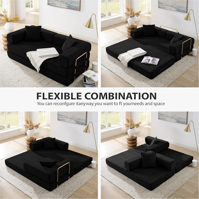 4-in-1 Folding Convertible Sofa Bed, 78 Inch Boneless Couch with Fixed-Shape Frame, Corduroy Loveseat Sleeper with Pull Out Bed, Floor Sofa Modular Futon Couch for Living Room Bedroom Lounge (Black)