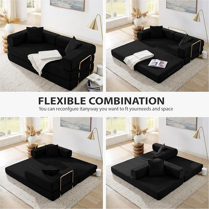 HANXIN 78 Inch Convertible Sleeper Sofa Bed, Folding Floor Mattress Couch with Fixed-Shape Frame, Futon Boneless Couch Lounge Loveseat with Pull Out Bed, No Assembly Required (Black)